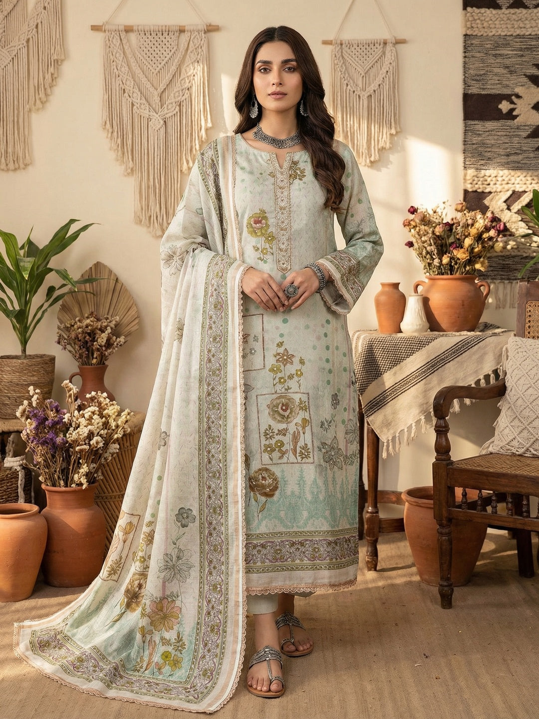 Sea Green Floral Printed Linen Dress Material with Embellishments - Image 1