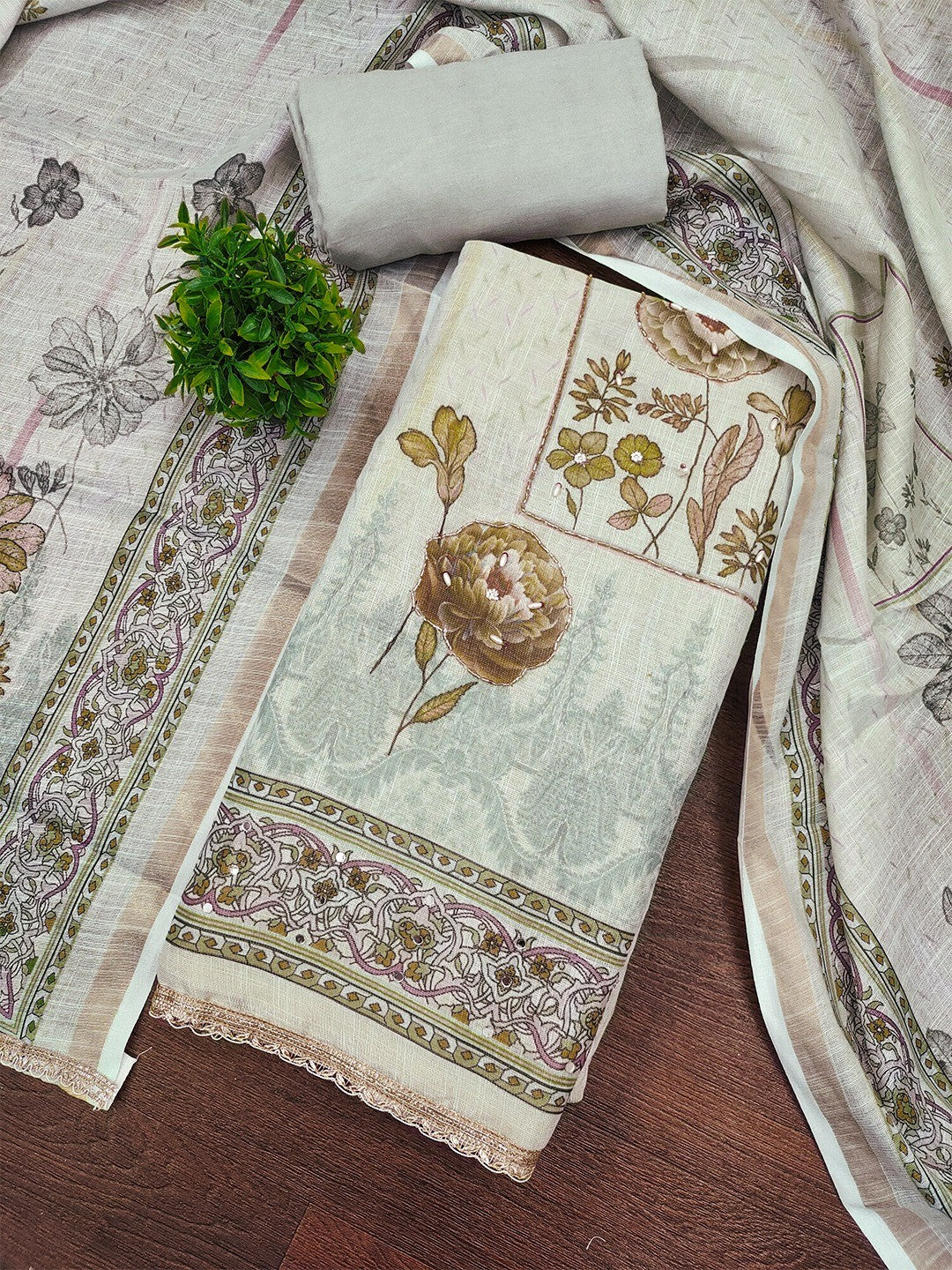 Sea Green Floral Printed Linen Dress Material with Embellishments - Image 3