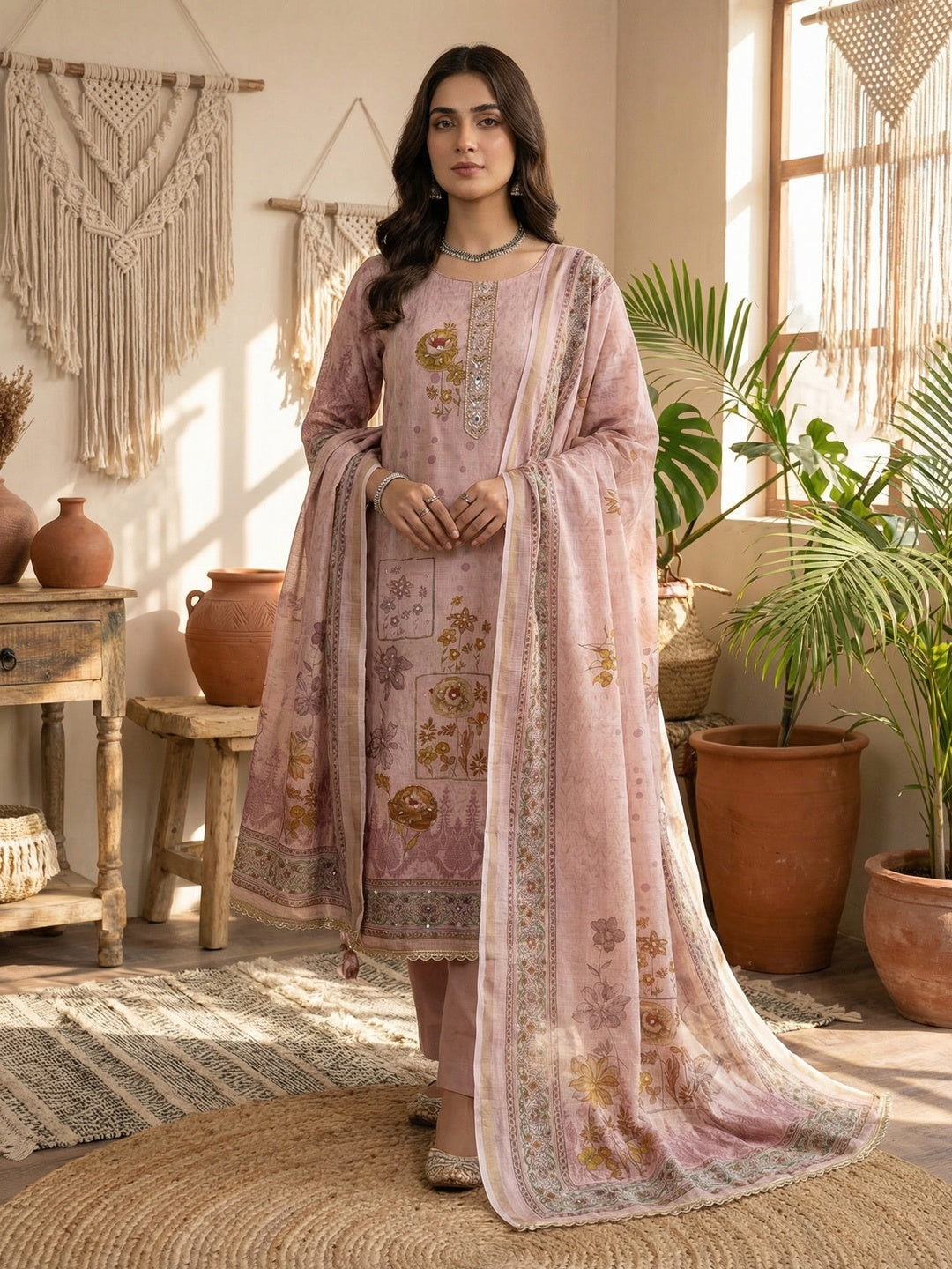 Mauve Floral Printed Linen Dress Material with Embellishments - Image 1
