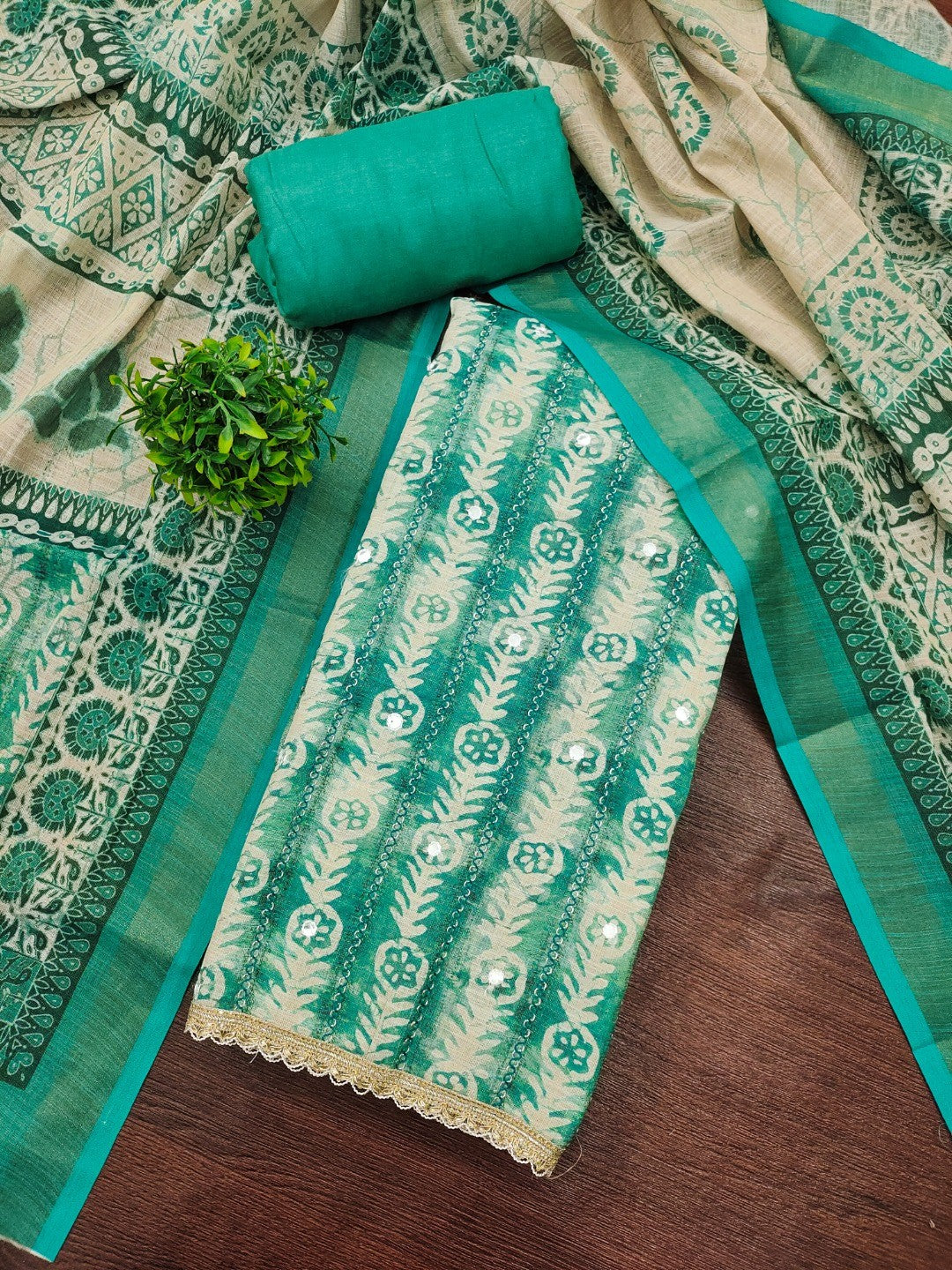 Rama Green Linen Dress Material with Printed Design and Lace Detail - Image 3