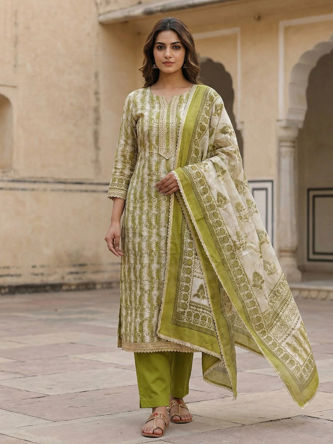 Green Linen Dress Material with Printed Design and Lace Detail - Image 1