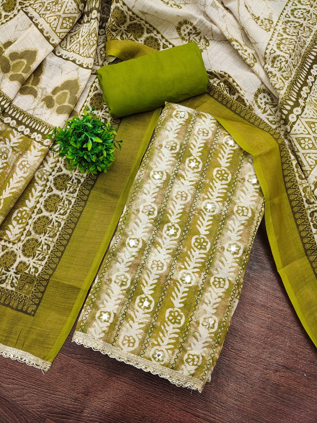 Green Linen Dress Material with Printed Design and Lace Detail - Image 4