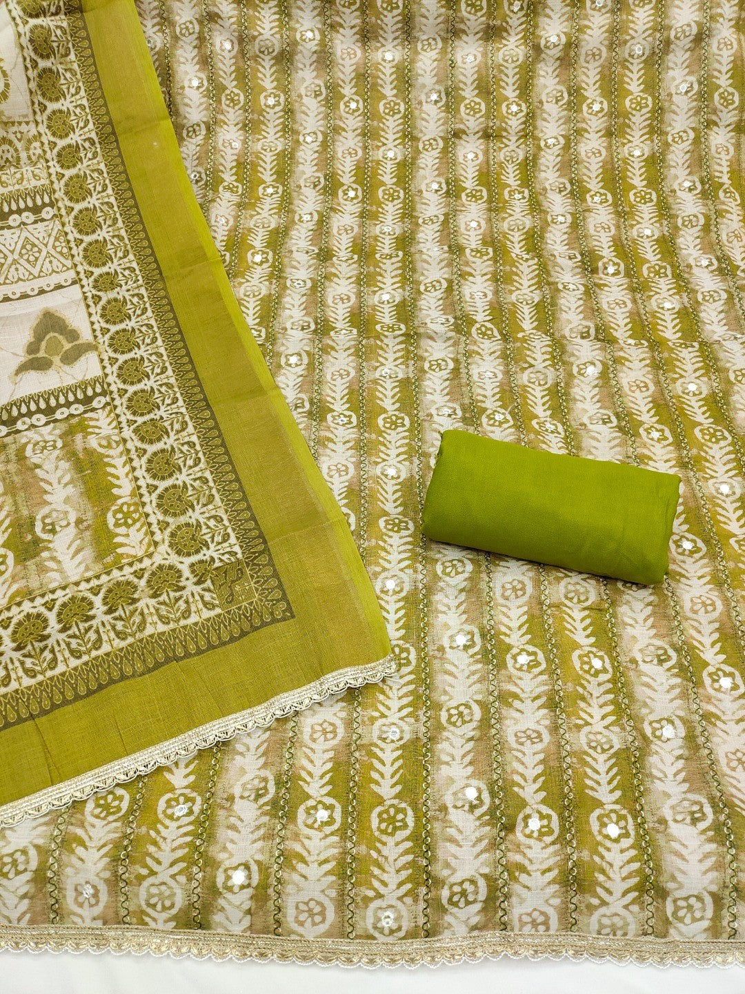 Green Linen Dress Material with Printed Design and Lace Detail - Image 3