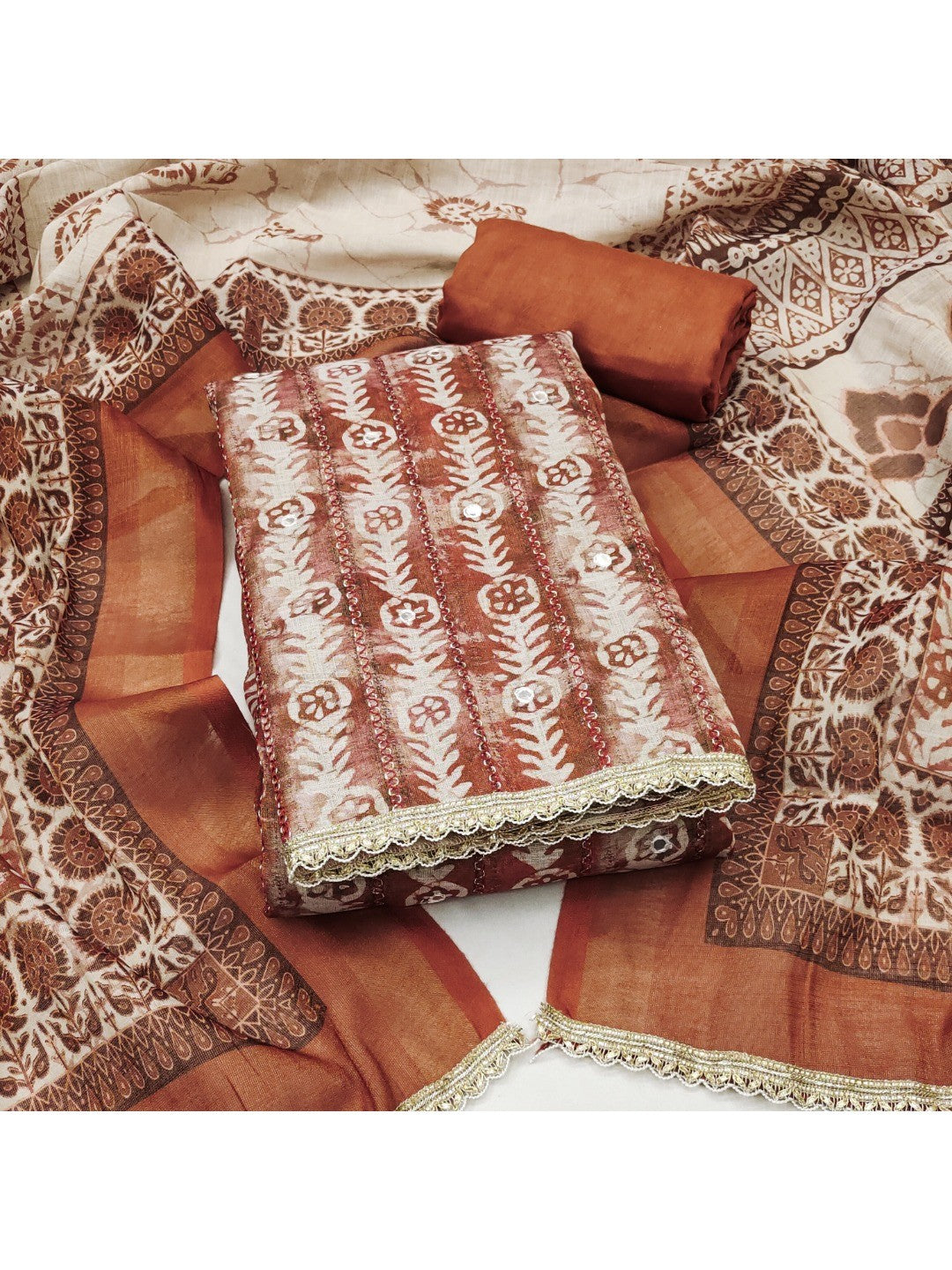 Brown Linen Dress Material with Printed Design and Lace Detail - Image 4