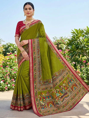 Green Viscose Saree with Kalamkari Print and Jari Border and Fine Finish - Image 1