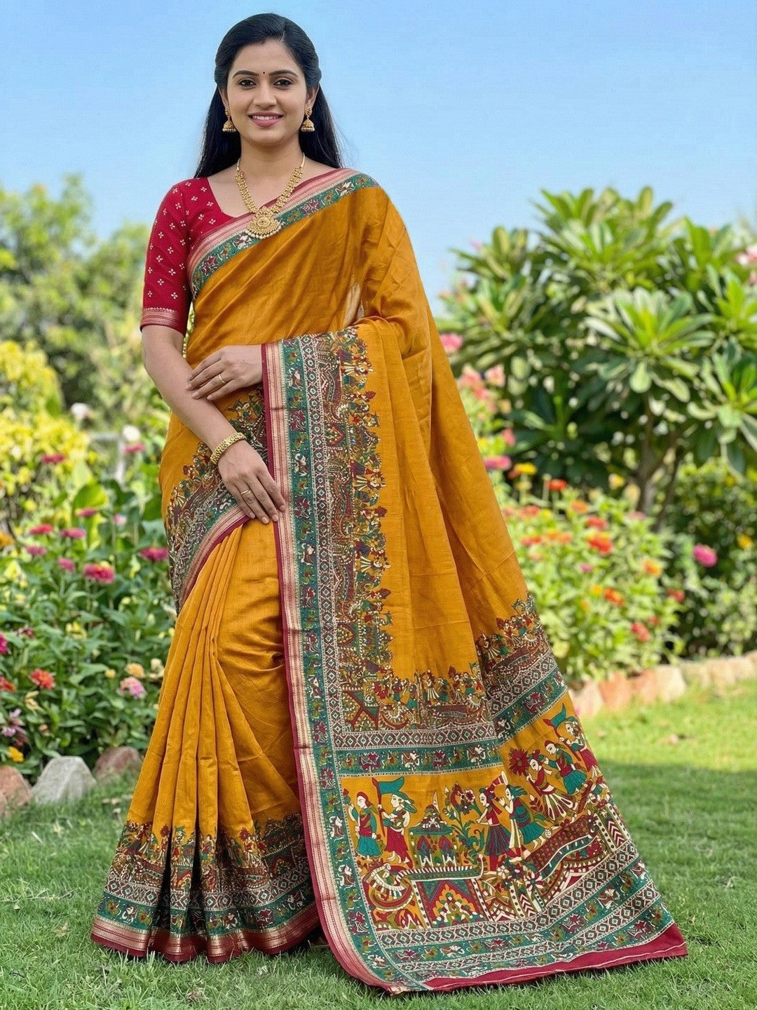 Mustard Viscose Saree with Kalamkari Print and Jari Border and Fine Finish - Image 1