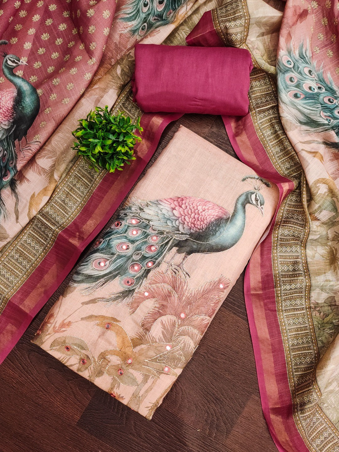 Pink Peacock Printed Linen Dress Material with Embellishments - Image 5