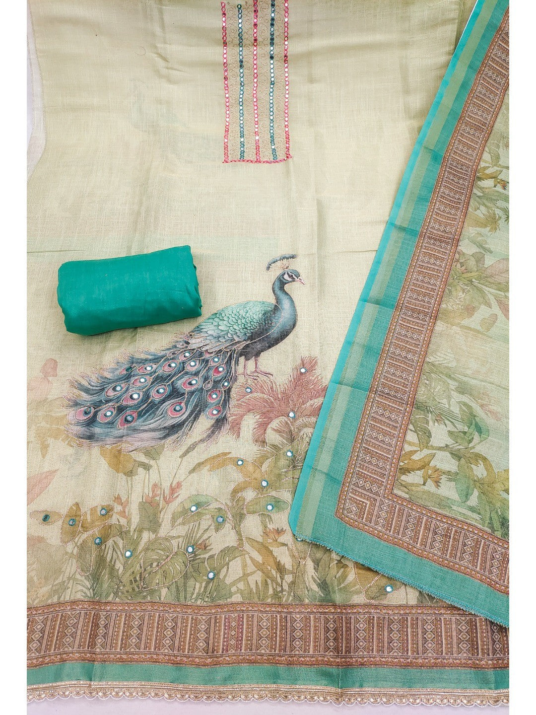 Sea Green Peacock Printed Linen Dress Material with Embellishments - Image 3