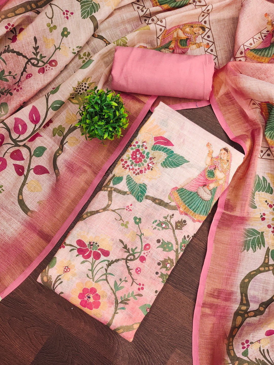 Pink Floral Printed Linen Dress Material Featuring Lightweight Comfortable Fabric - Image 4