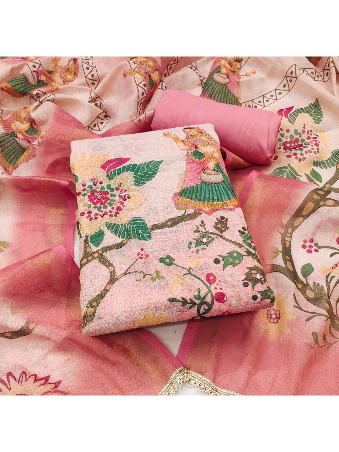 Pink Floral Printed Linen Dress Material Featuring Lightweight Comfortable Fabric - Image 1