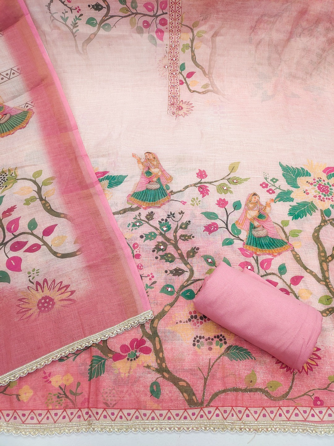 Pink Floral Printed Linen Dress Material Featuring Lightweight Comfortable Fabric - Image 3