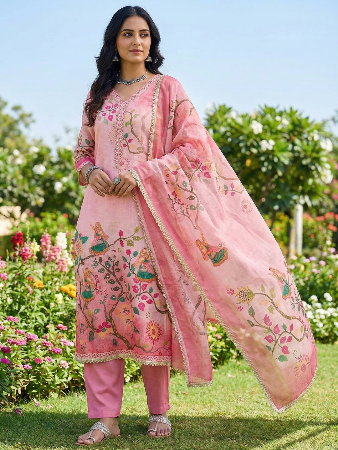 Pink Floral Printed Linen Dress Material Featuring Lightweight Comfortable Fabric - Image 2