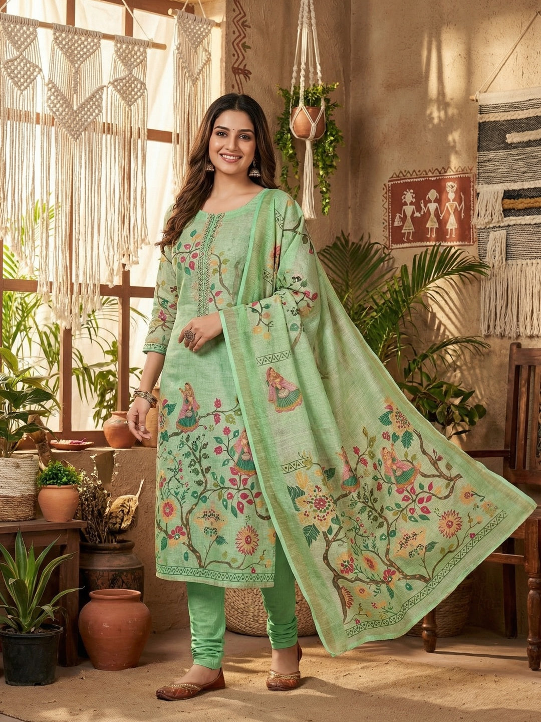 Green Floral Printed Linen Dress Material Featuring Lightweight Comfortable Fabric - Image 2