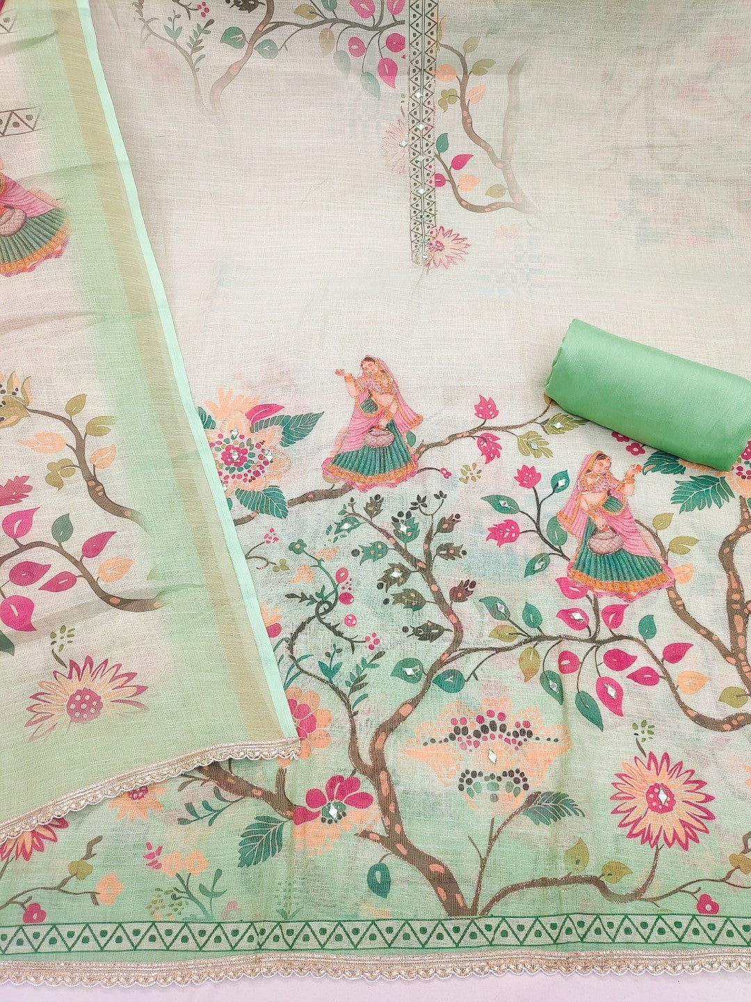 Green Floral Printed Linen Dress Material Featuring Lightweight Comfortable Fabric - Image 4