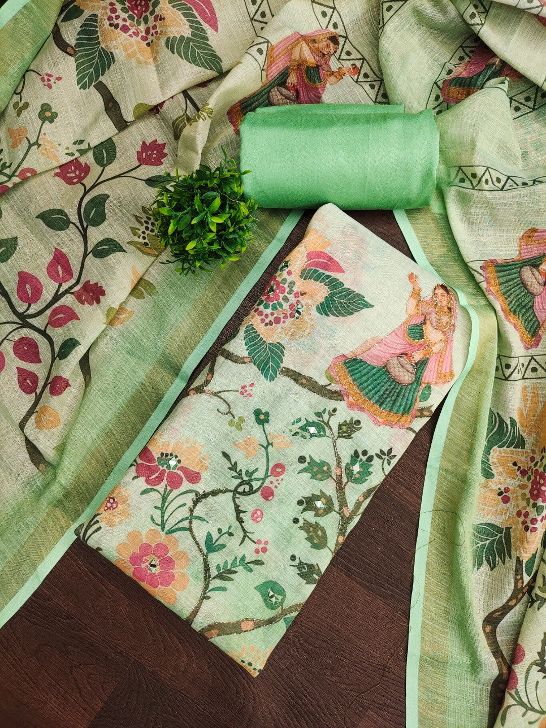Green Floral Printed Linen Dress Material Featuring Lightweight Comfortable Fabric - Image 3