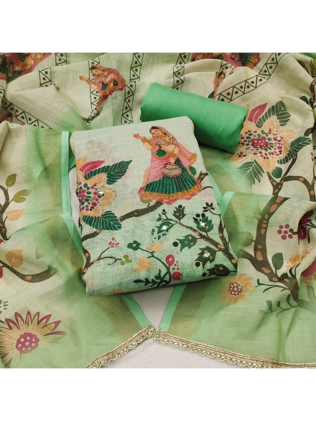Green Floral Printed Linen Dress Material Featuring Lightweight Comfortable Fabric - Image 1