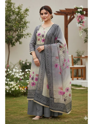 Traditional Grey Linen Floral Print Dress Material with Dupatta with Graceful Feminine Appeal - Image 1
