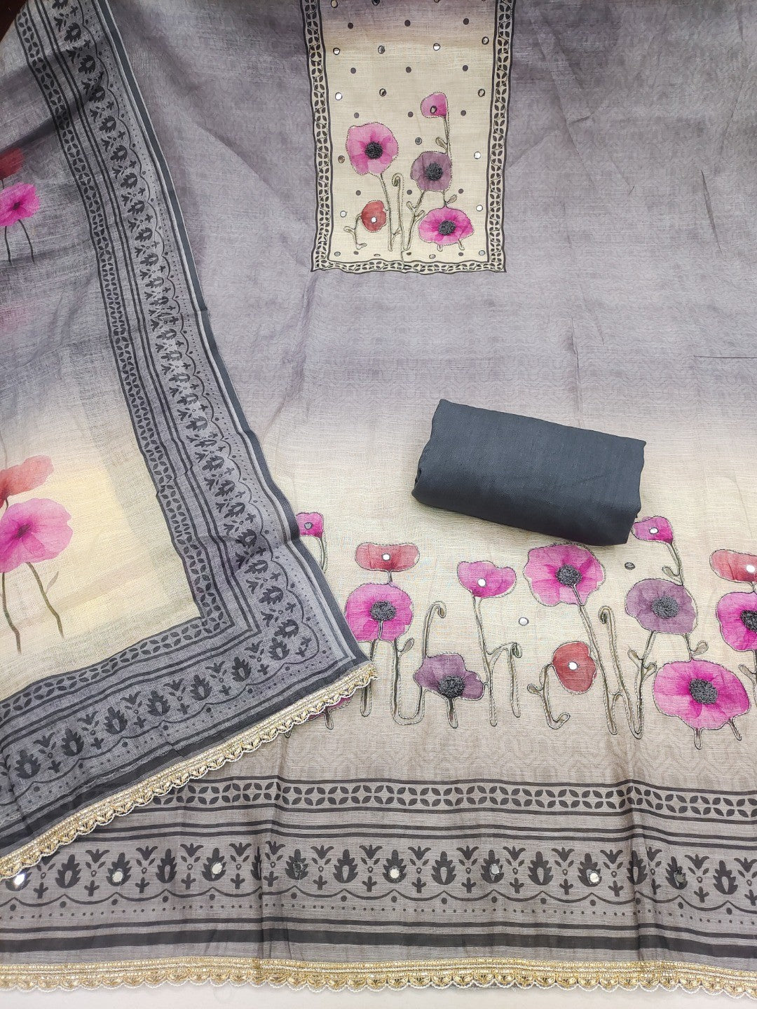 Traditional Grey Linen Floral Print Dress Material with Dupatta with Graceful Feminine Appeal - Image 3