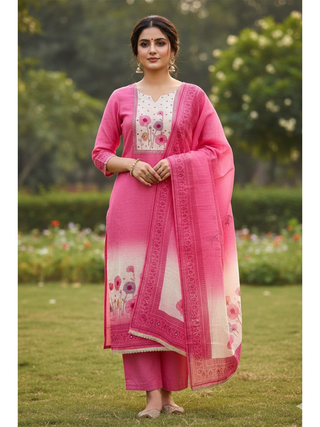 Traditional Pink Linen Floral Print Dress Material with Dupatta with Graceful Feminine Appeal - Image 2