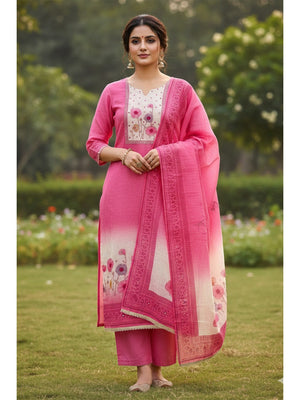 Traditional Pink Linen Floral Print Dress Material with Dupatta with Graceful Feminine Appeal - Image 2