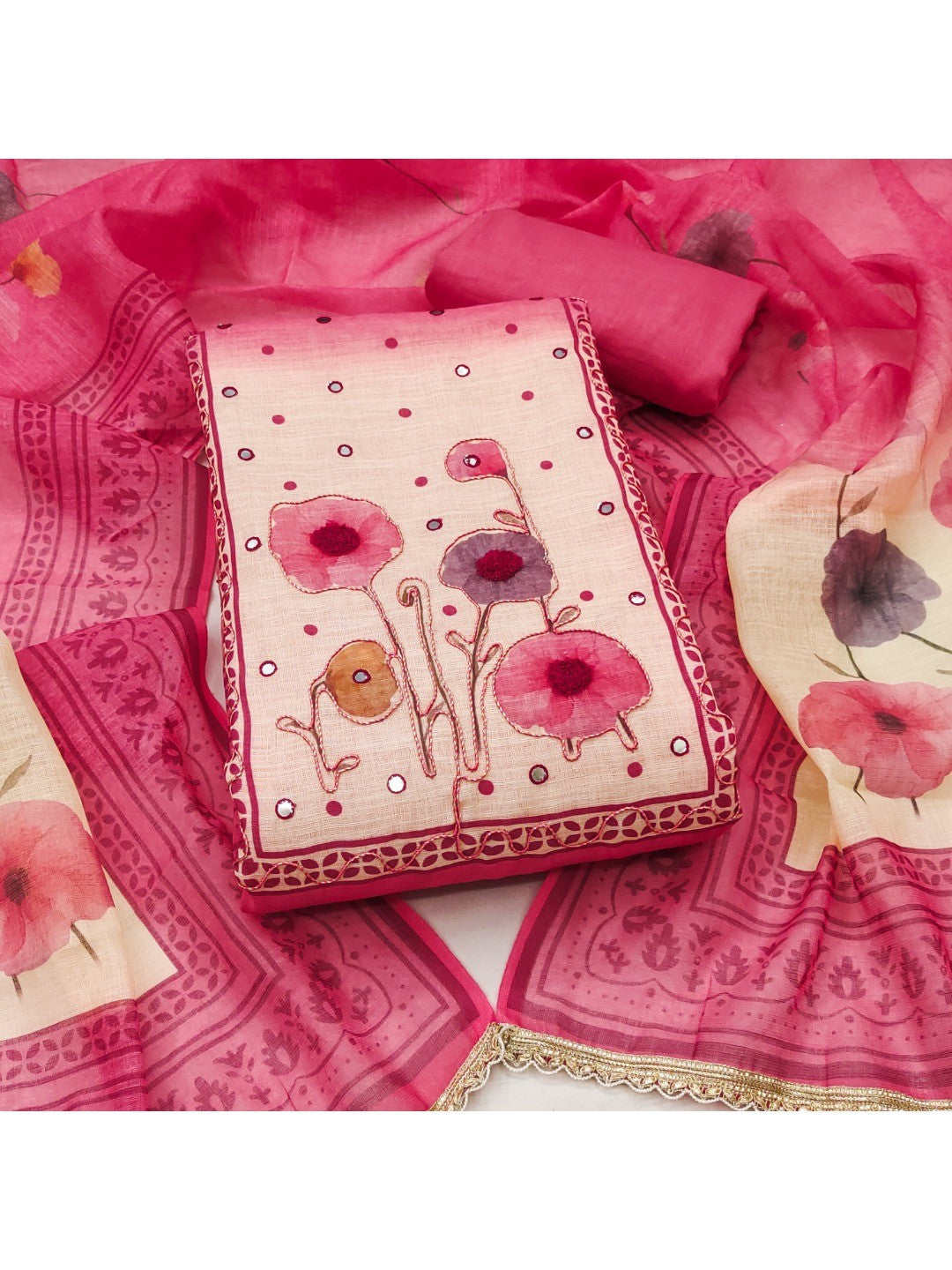 Traditional Pink Linen Floral Print Dress Material with Dupatta with Graceful Feminine Appeal - Image 1