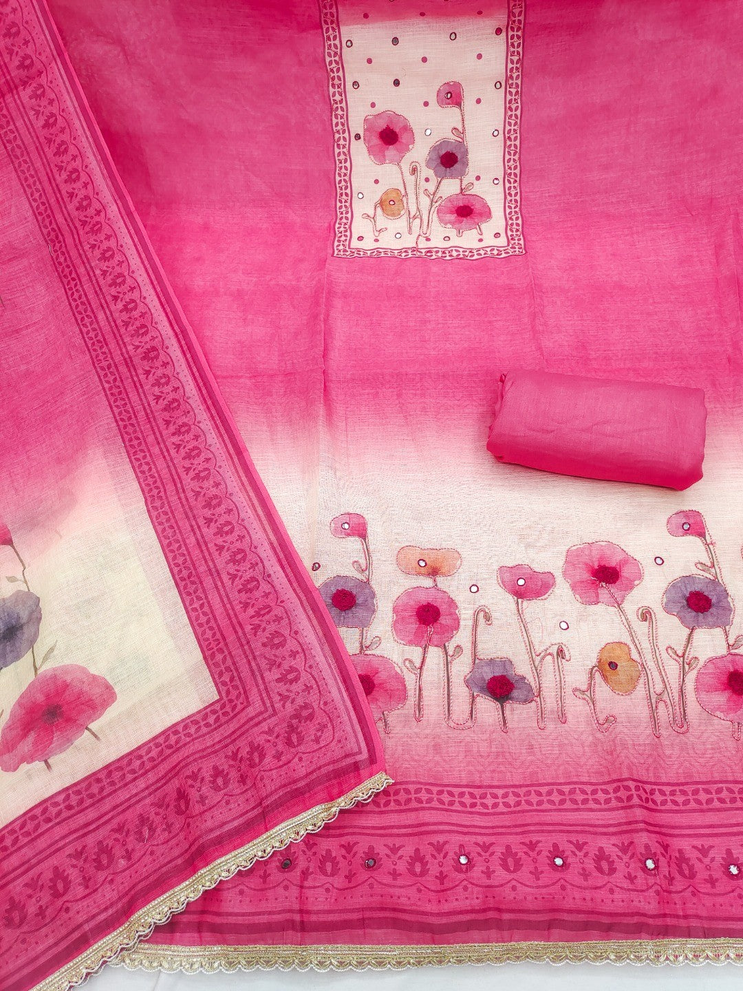 Traditional Pink Linen Floral Print Dress Material with Dupatta with Graceful Feminine Appeal - Image 5