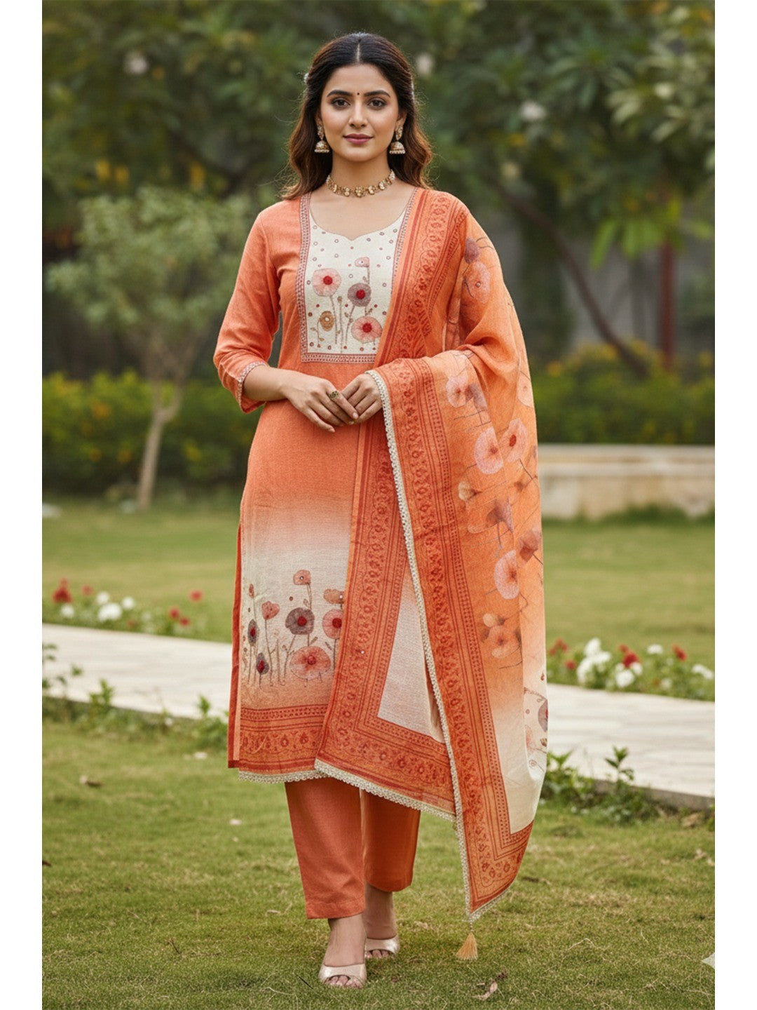 Traditional Rust Linen Floral Print Dress Material with Dupatta with Graceful Feminine Appeal - Image 2