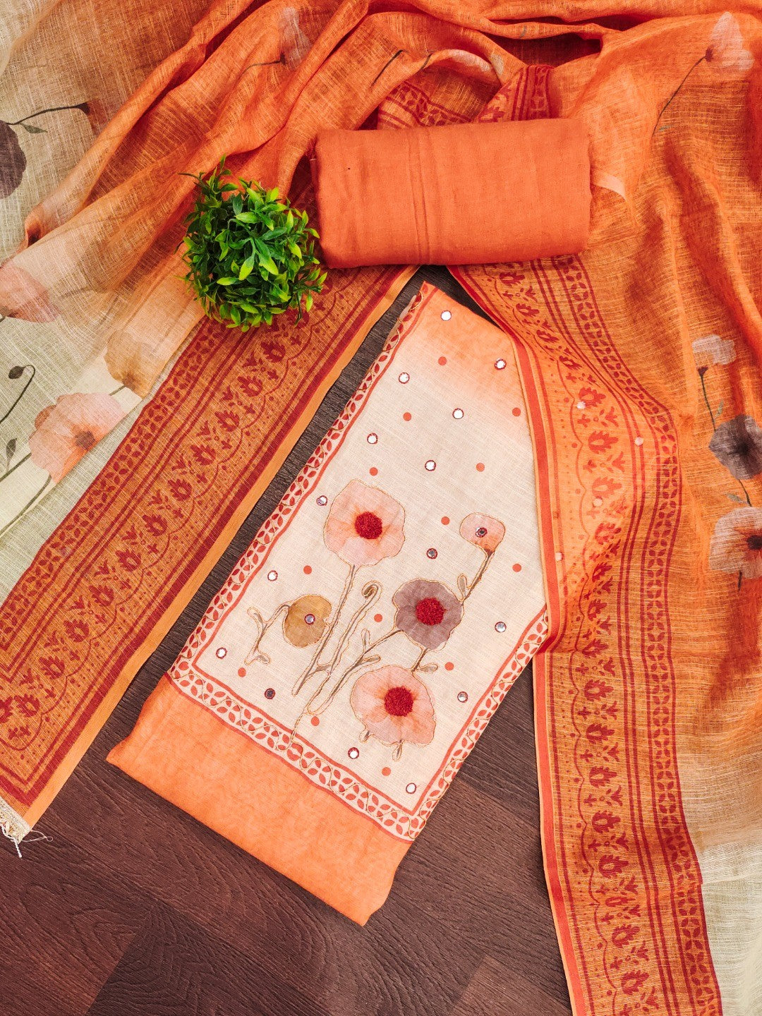Traditional Rust Linen Floral Print Dress Material with Dupatta with Graceful Feminine Appeal - Image 3