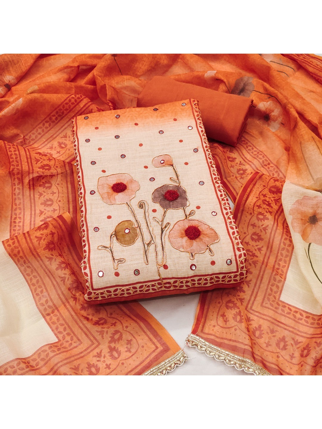Traditional Rust Linen Floral Print Dress Material with Dupatta with Graceful Feminine Appeal - Image 1