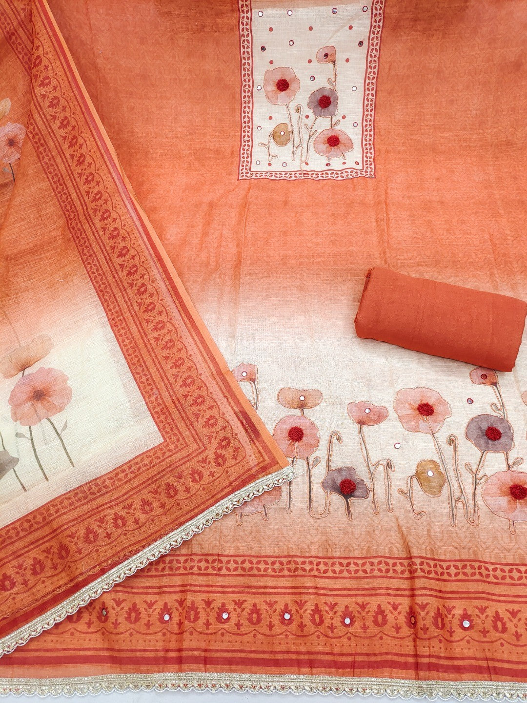 Traditional Rust Linen Floral Print Dress Material with Dupatta with Graceful Feminine Appeal - Image 4