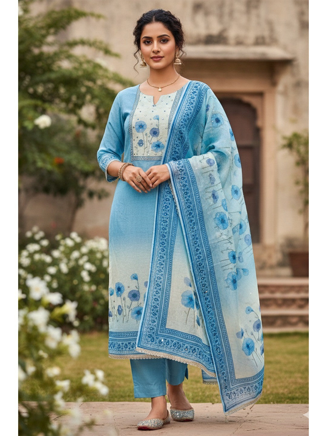 Traditional Blue Linen Floral Print Dress Material with Dupatta with Graceful Feminine Appeal - Image 2