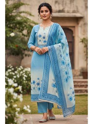 Traditional Blue Linen Floral Print Dress Material with Dupatta with Graceful Feminine Appeal - Image 2
