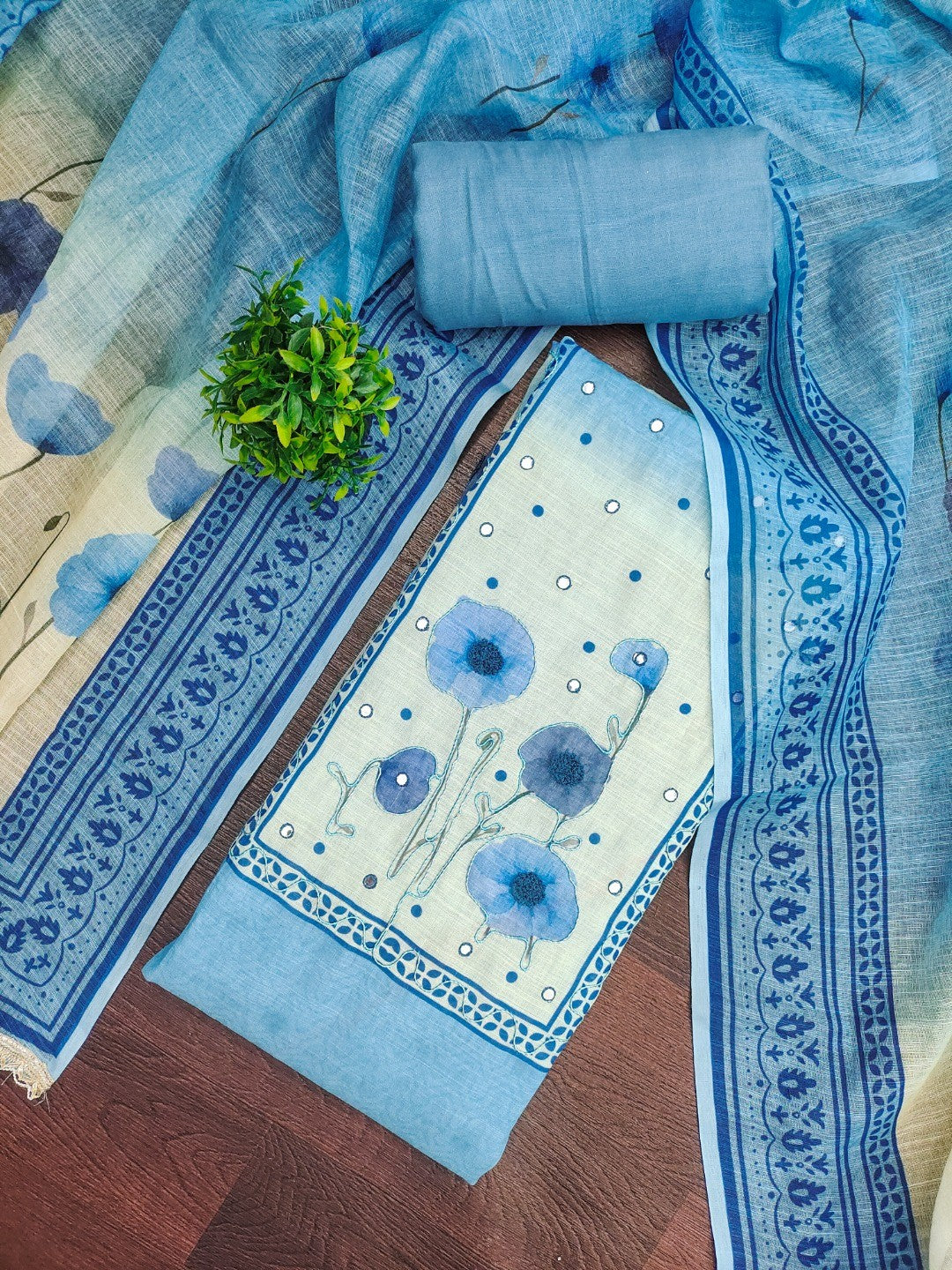 Traditional Blue Linen Floral Print Dress Material with Dupatta with Graceful Feminine Appeal - Image 5