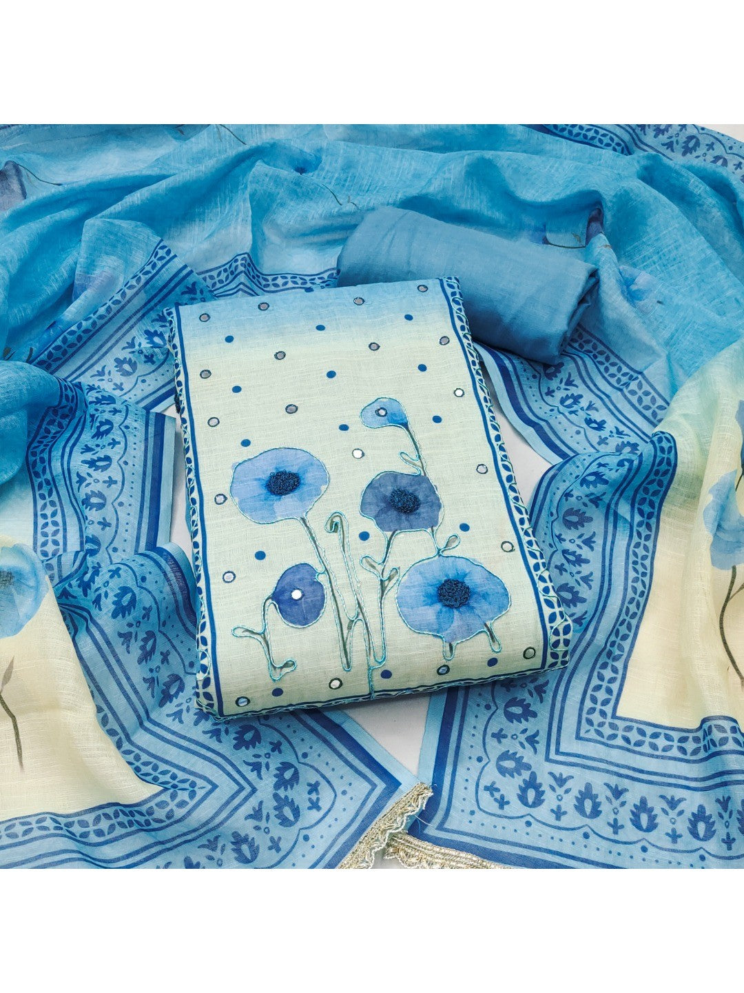Traditional Blue Linen Floral Print Dress Material with Dupatta with Graceful Feminine Appeal - Image 1