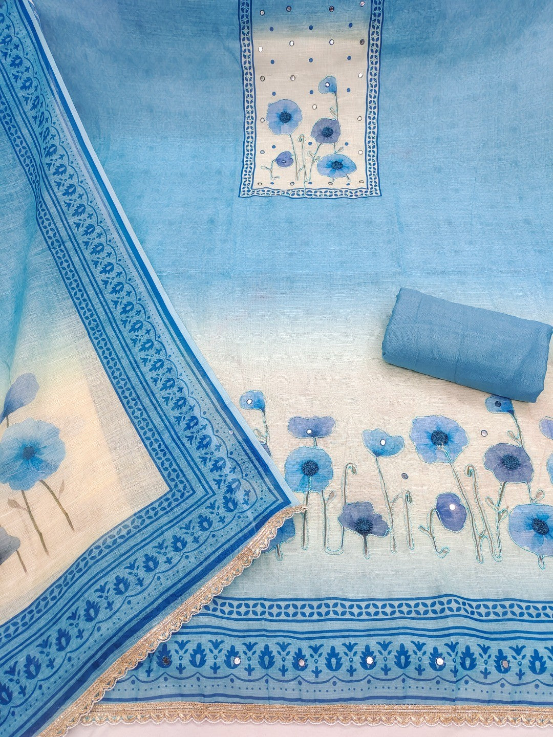 Traditional Blue Linen Floral Print Dress Material with Dupatta with Graceful Feminine Appeal - Image 4