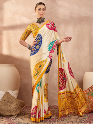 Graceful Yellow Satin Saree with Allover Print and Designer Blouse - Image 1