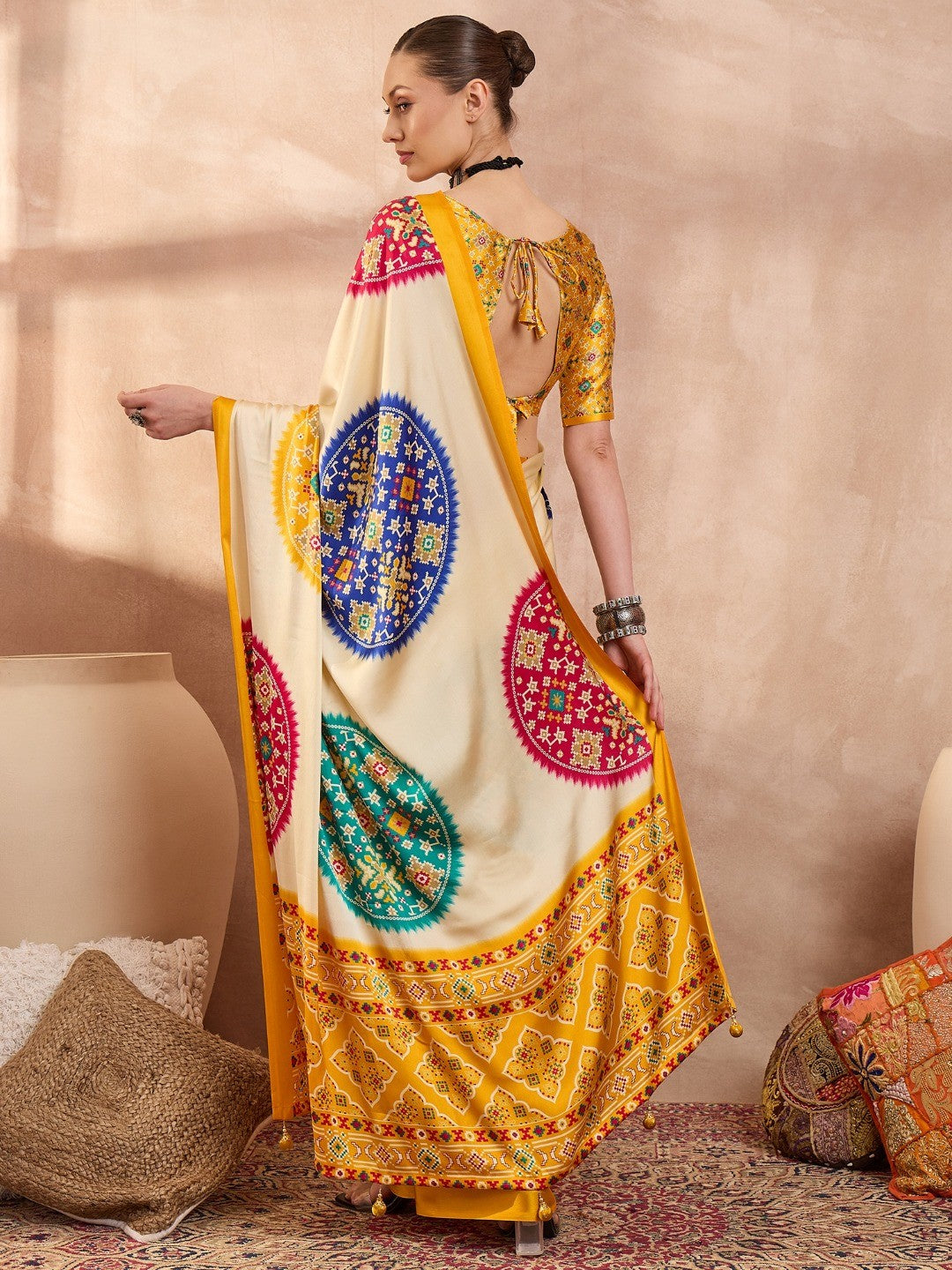 Graceful Yellow Satin Saree with Allover Print and Designer Blouse - Image 4