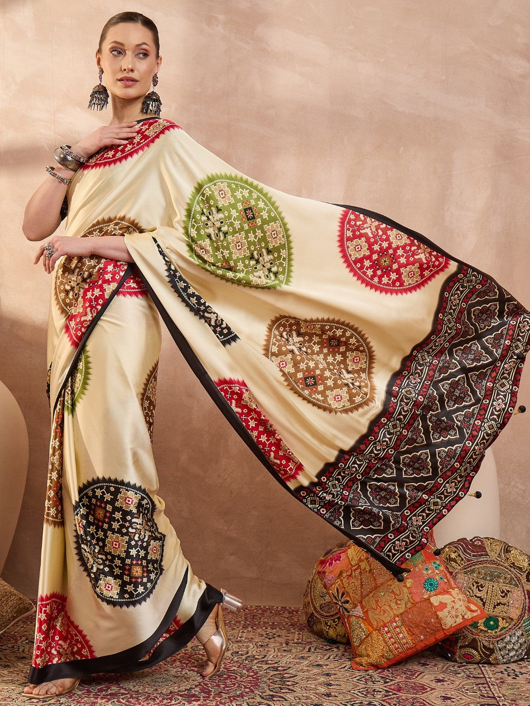 Graceful Black Satin Saree with Allover Print and Designer Blouse - Image 7