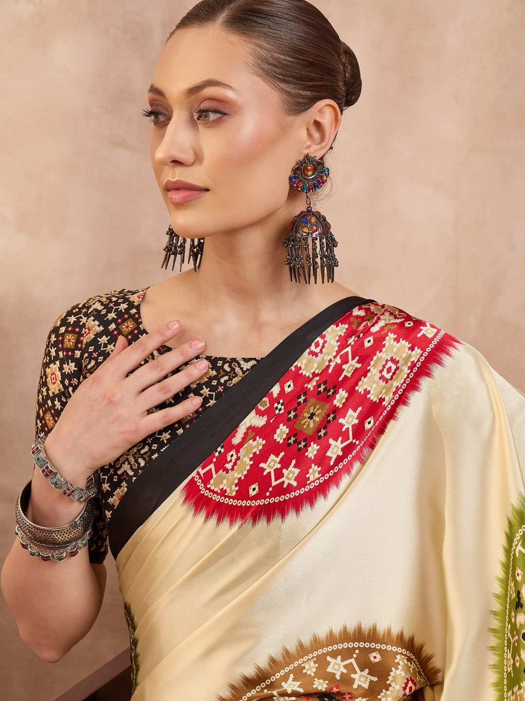 Graceful Black Satin Saree with Allover Print and Designer Blouse - Image 8