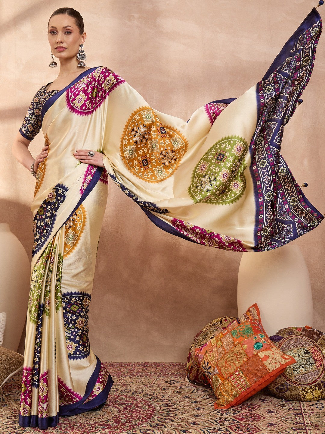 Graceful Blue Satin Saree Featuring Traditional Patola Border - Image 6