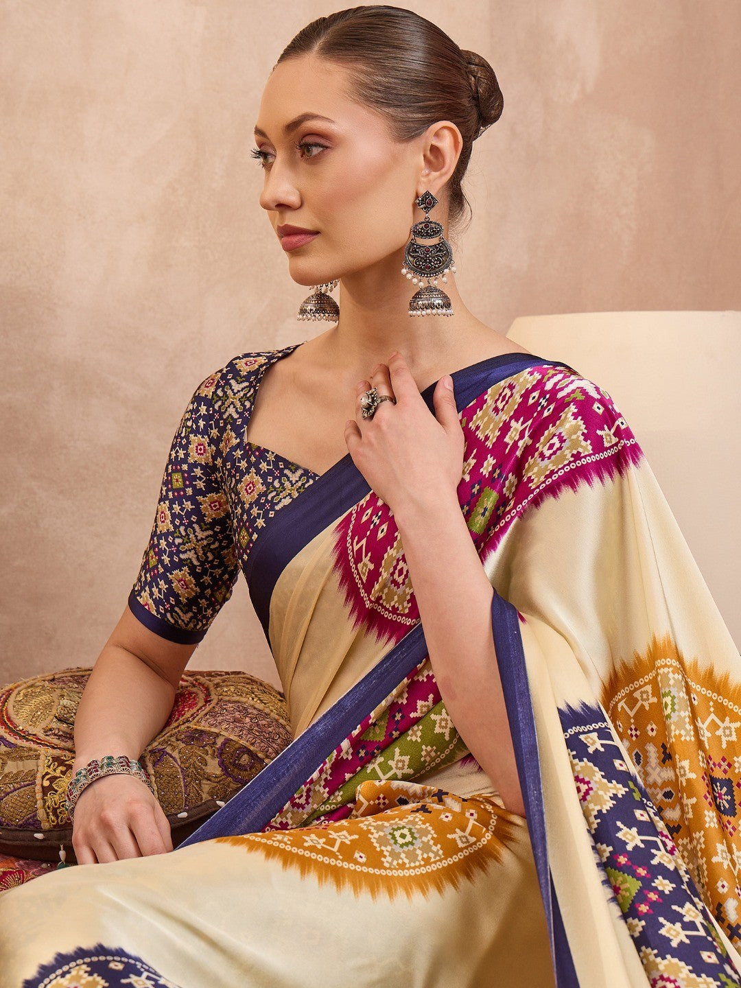 Graceful Blue Satin Saree Featuring Traditional Patola Border - Image 3
