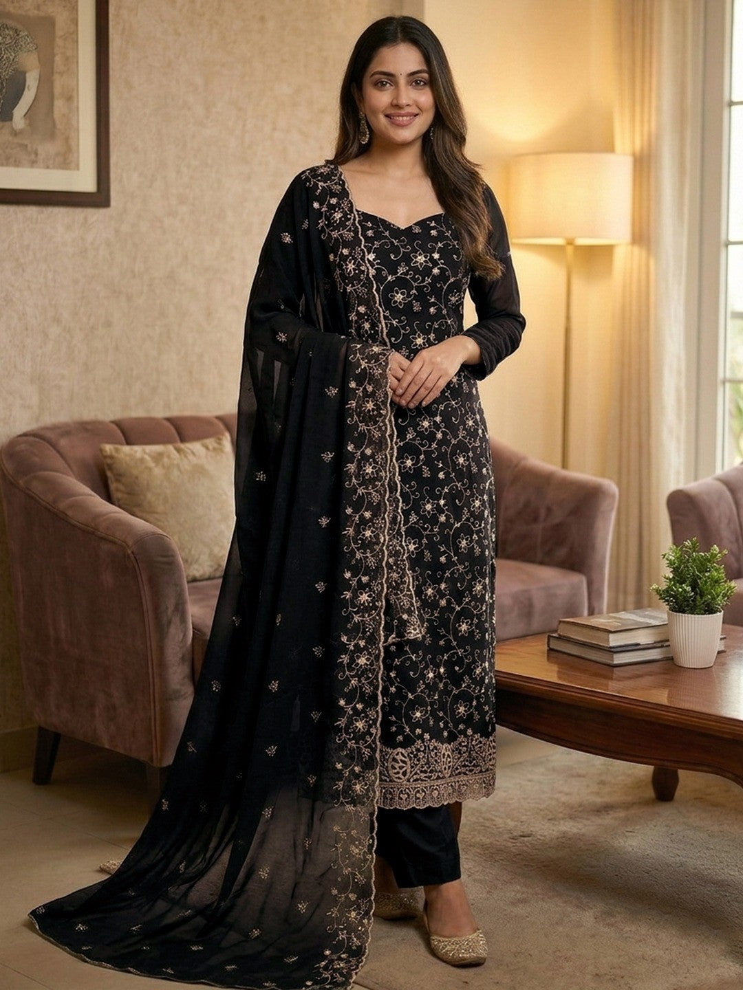 Elegant Black Floral Zari Embroidered Georgette Dress Material With Graceful Finish - Image 1