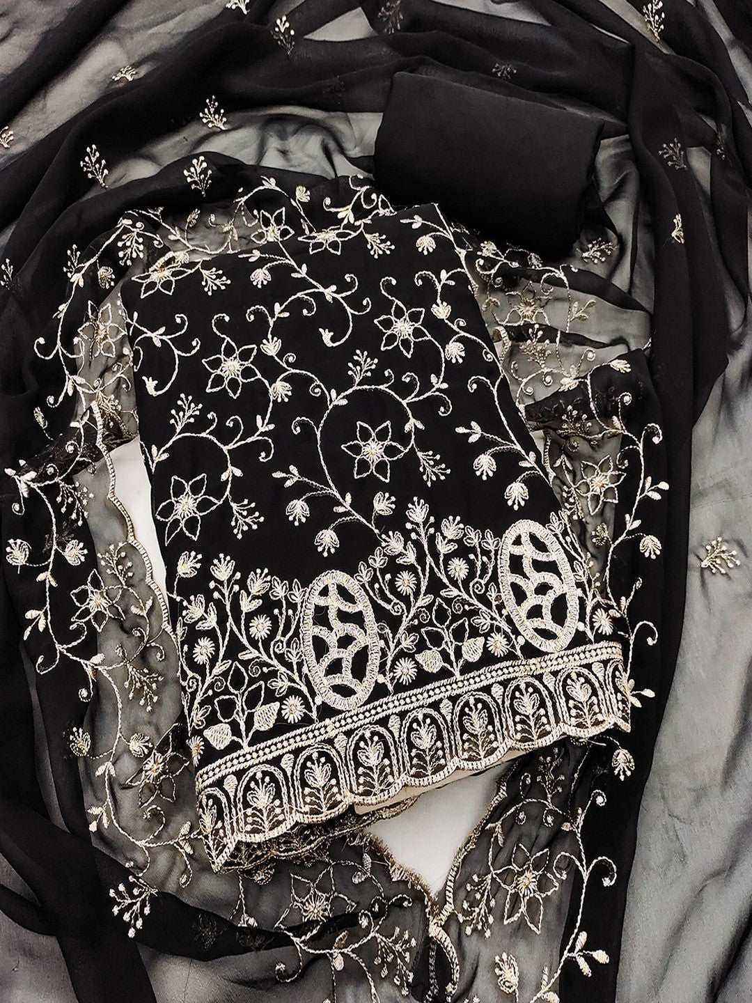 Elegant Black Floral Zari Embroidered Georgette Dress Material With Graceful Finish - Image 2