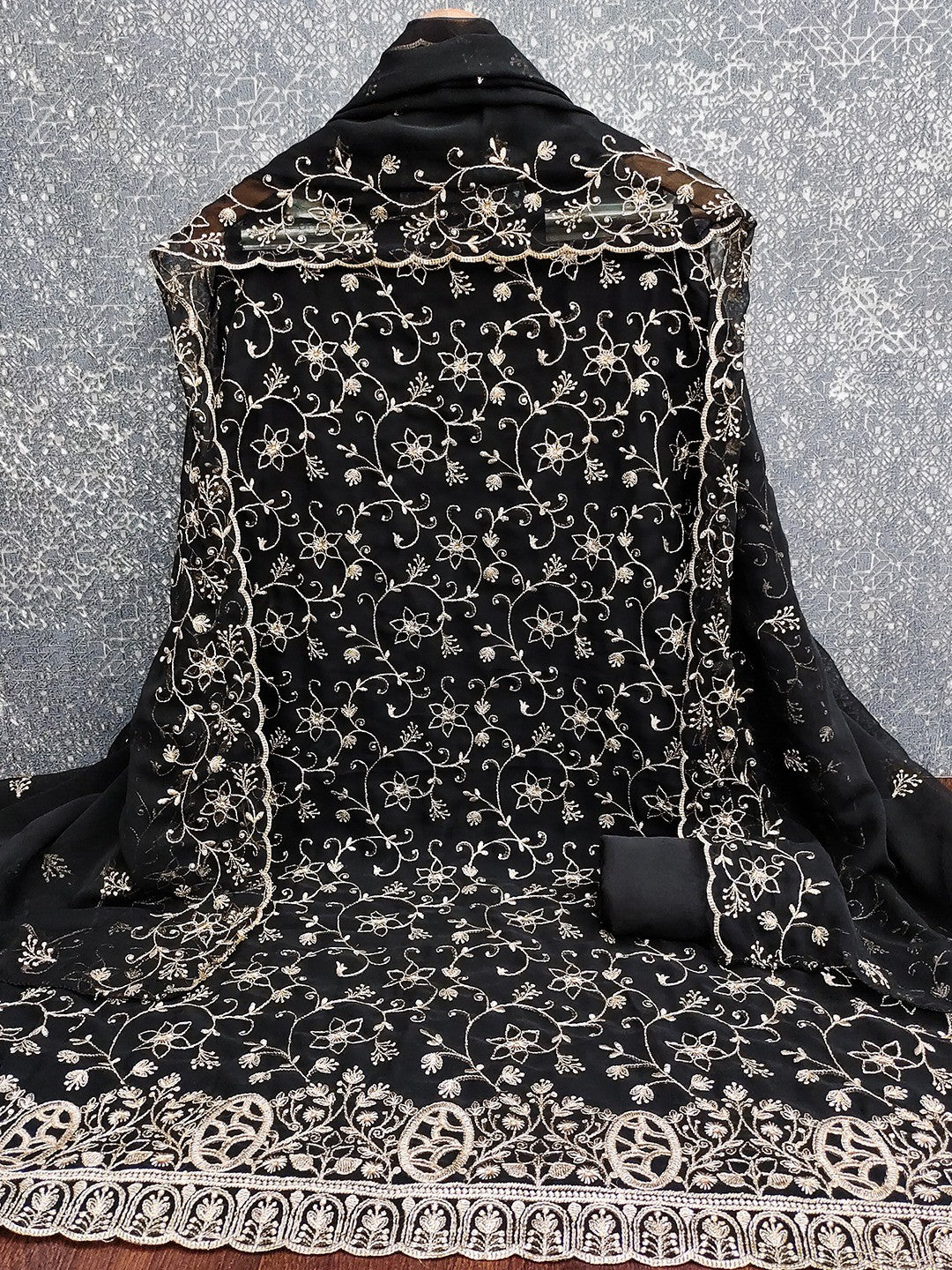 Elegant Black Floral Zari Embroidered Georgette Dress Material With Graceful Finish - Image 3