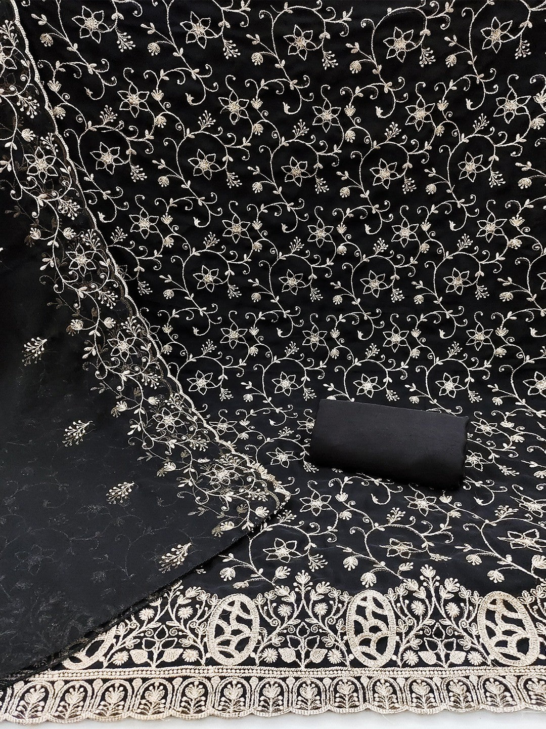 Elegant Black Floral Zari Embroidered Georgette Dress Material With Graceful Finish - Image 4
