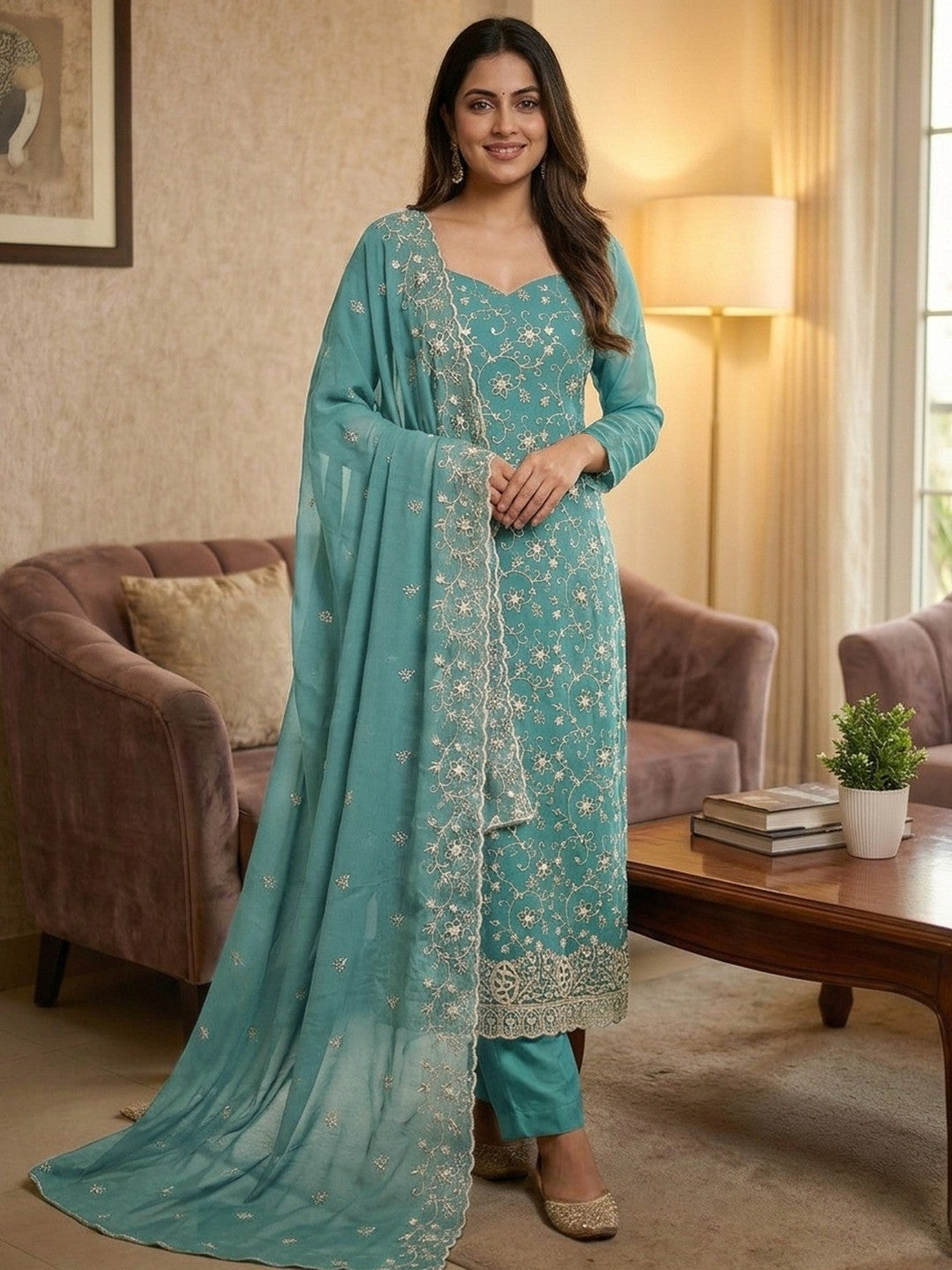 Elegant Dusty Turquoise Floral Zari Embroidered Georgette Dress Material With Graceful Finish - Image 2
