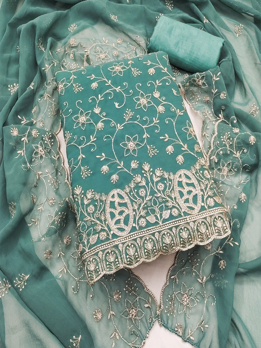 Elegant Dusty Turquoise Floral Zari Embroidered Georgette Dress Material With Graceful Finish - Image 1