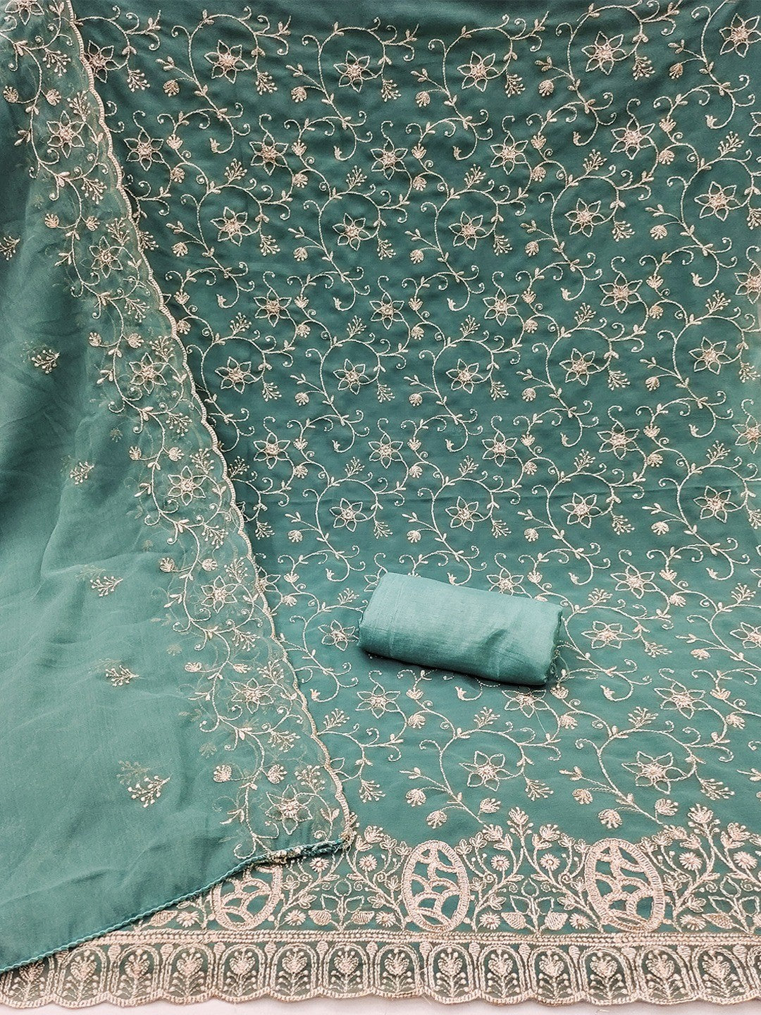 Elegant Dusty Turquoise Floral Zari Embroidered Georgette Dress Material With Graceful Finish - Image 3