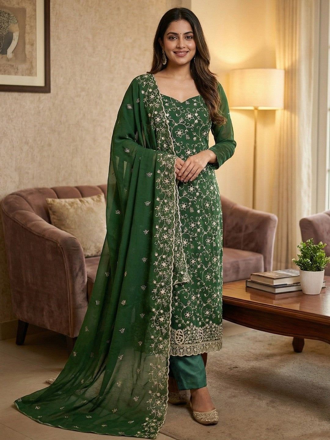 Elegant Green Floral Zari Embroidered Georgette Dress Material With Graceful Finish - Image 2