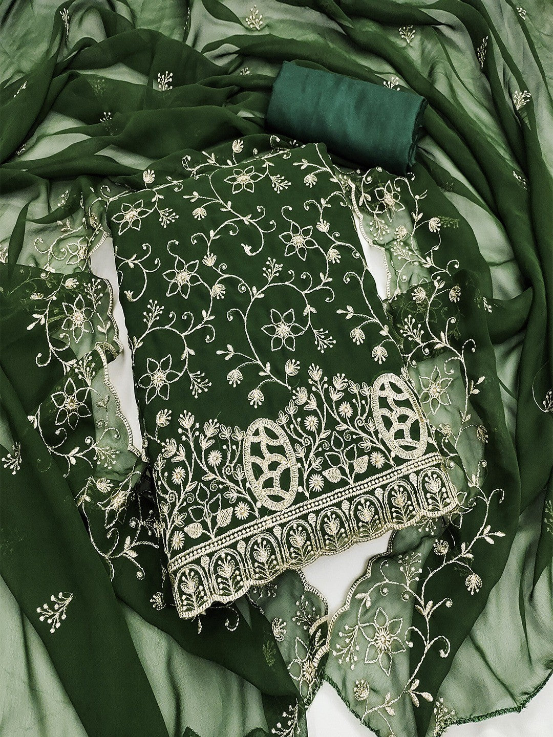 Elegant Green Floral Zari Embroidered Georgette Dress Material With Graceful Finish - Image 1